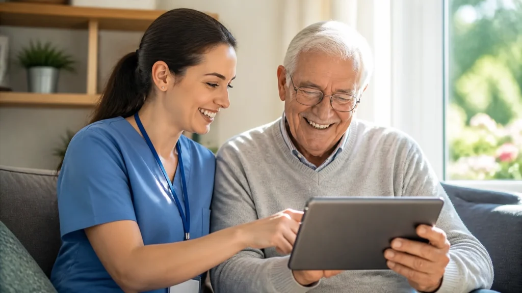 An iCare4U nurse showing an older man information on a tablet at home