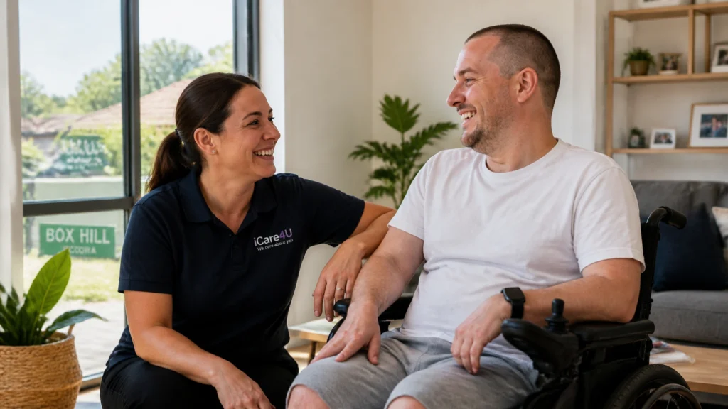 A support worker laughing with a client who uses a wheelchair at home