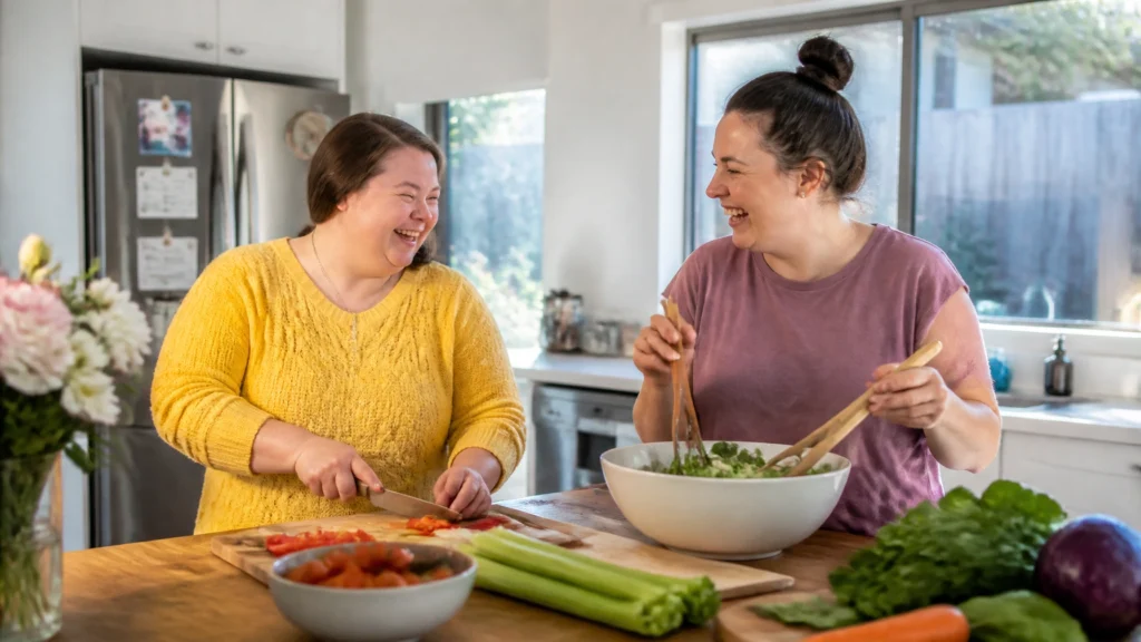 A support worker and a client preparing a fresh meal together in a Croydon kitchen