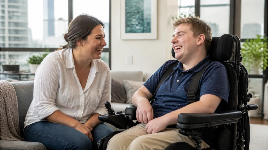 A support worker sitting and talking with a young NDIS participant who uses a wheelchair